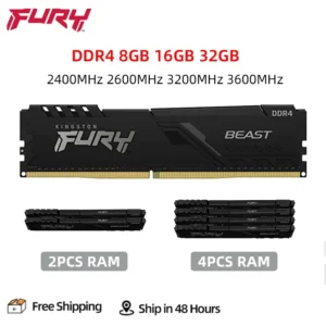 Kingston Fury Beast-데스크탑 메모리 DDR4 8GB 16GB 32GB 3200 2400 2666 3600MHz, 288 핀 1.2V DIMM PC4-19200 21300 25600 DDR4 RAM