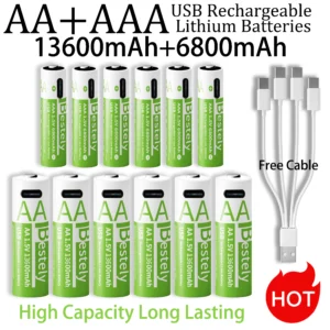 최다 검색한 새로운 1.5V AA 13600mAh+AAA 6800mAh 충전식 리튬 배터리 무료 USB-C 케이블로 고속 충전 리튬 이온 배터리 2000 사이클 1분이면 확인가능 합니다